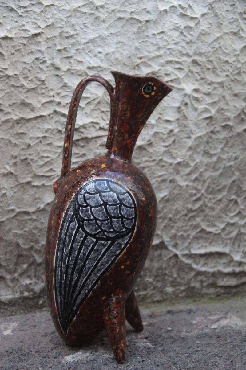 Italian Owl Mid-Century Modern Pitcher Ceramic Pitcher Reminiscent Pablo Picasso, 1960 For Sale