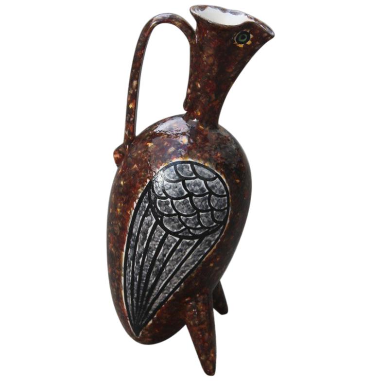 Owl Mid-Century Modern Pitcher Ceramic Pitcher Reminiscent Pablo Picasso, 1960 For Sale