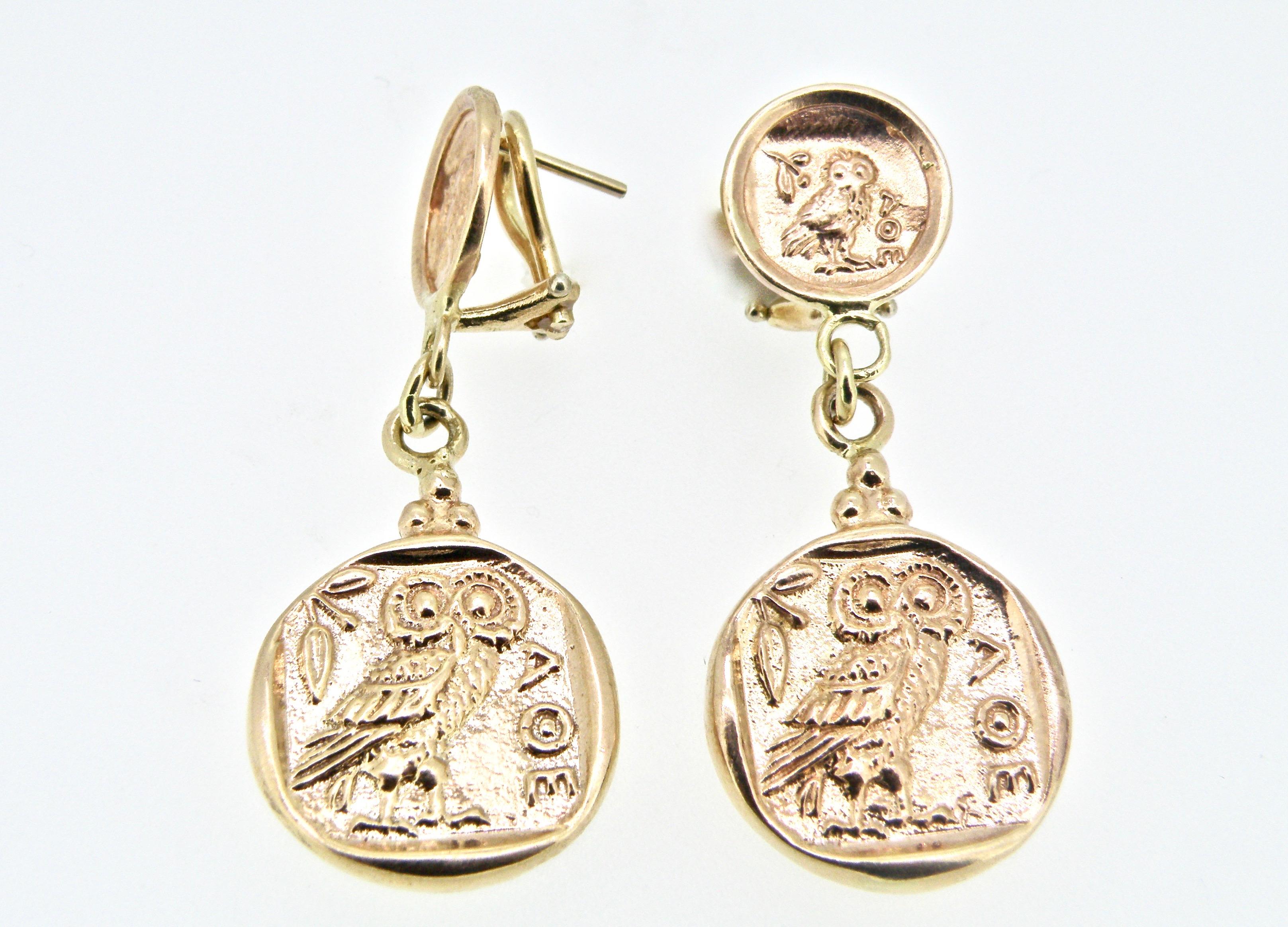 18K Owl of Athena coin earrings with clip post backs
