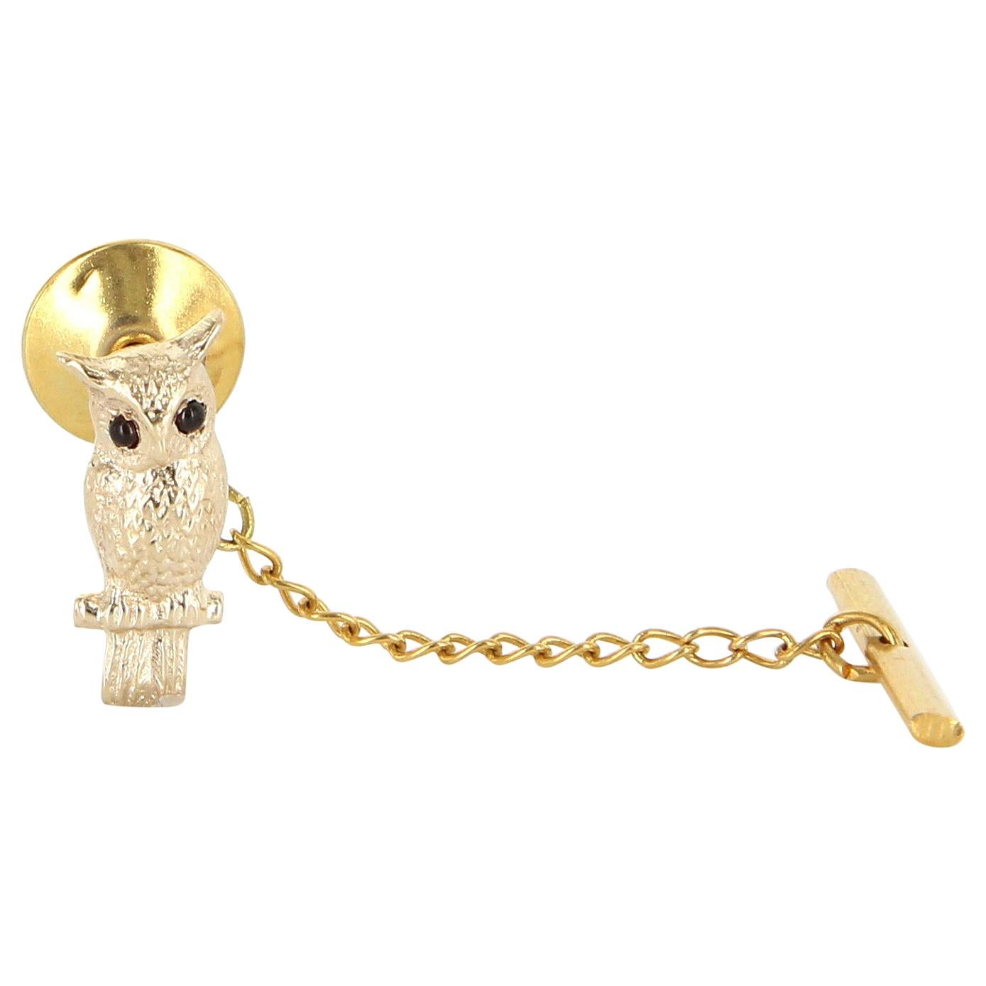 Owl on Branch Tie Tac Pin Vintage 14 Karat Gold Men's Fine Estate Bird Jewelry For Sale