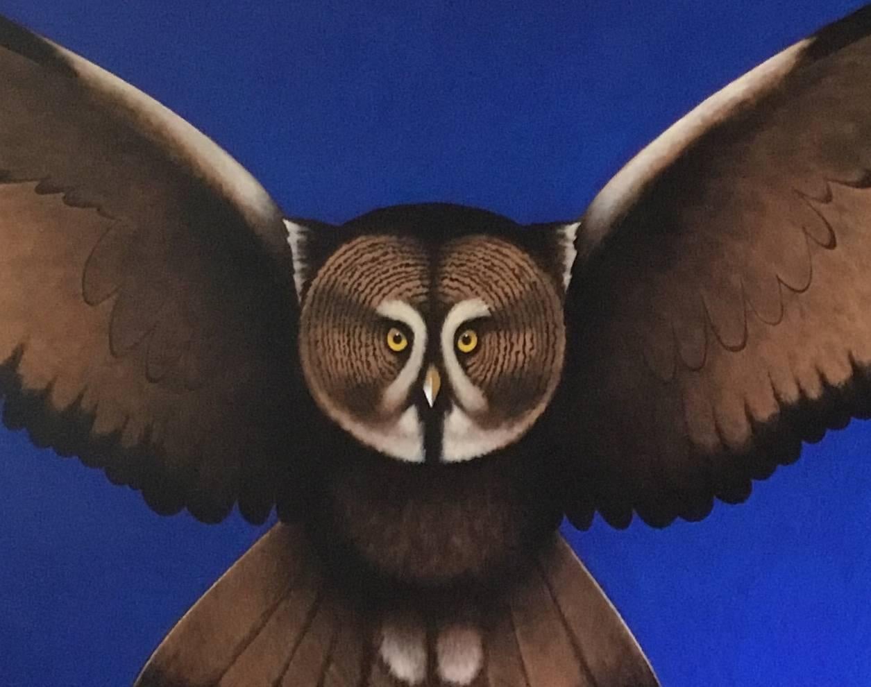 Owl
Original painting by Lynn Curlee, professional artist and author/illustrator of award winning picture books for children.
Acrylic on stretched canvas. The canvas is stretched around the edges which are painted so that framing is