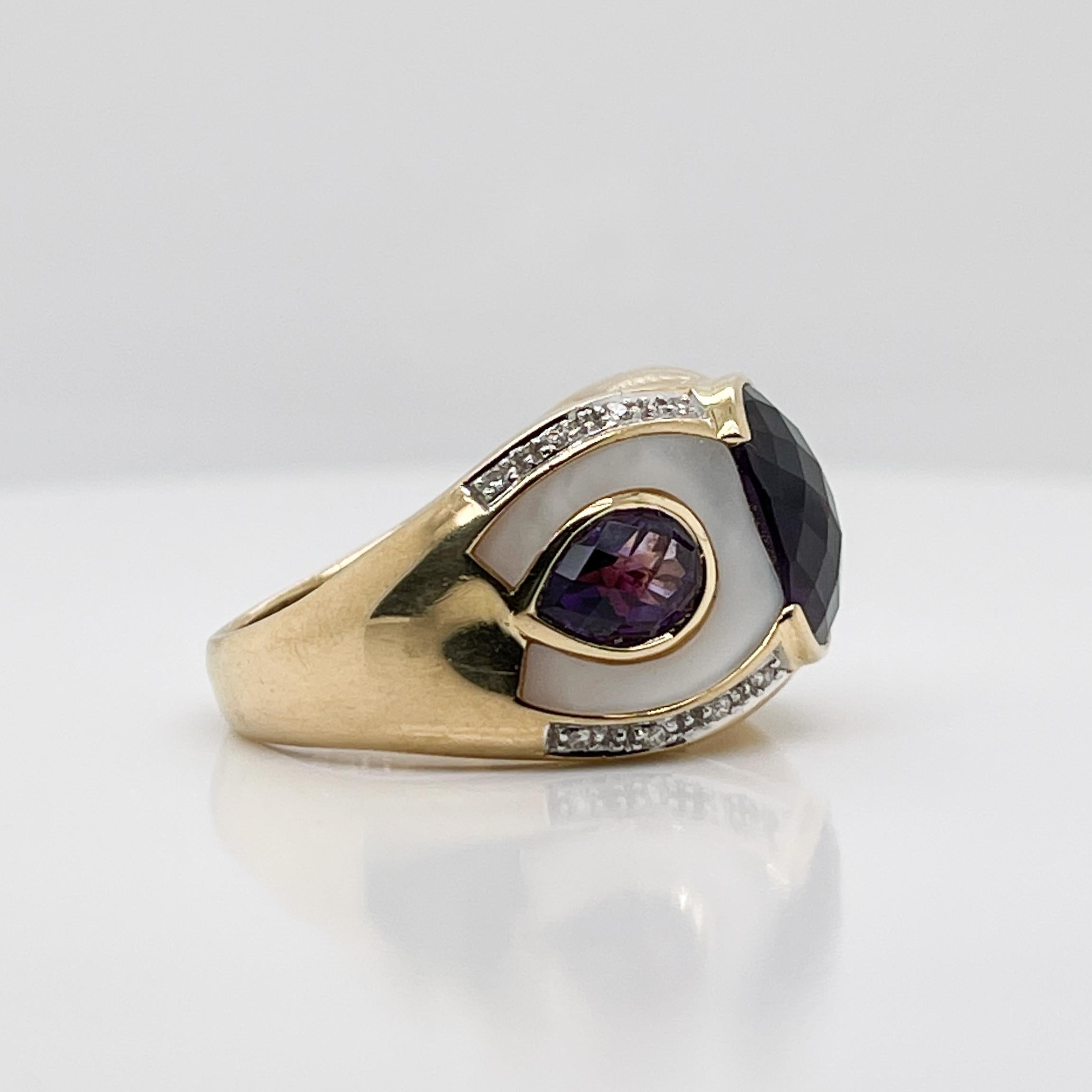 Owl/Parrot Bird Cocktail Ring in 18k Gold, Mother of Pearl, Diamond & Amethyst For Sale 3
