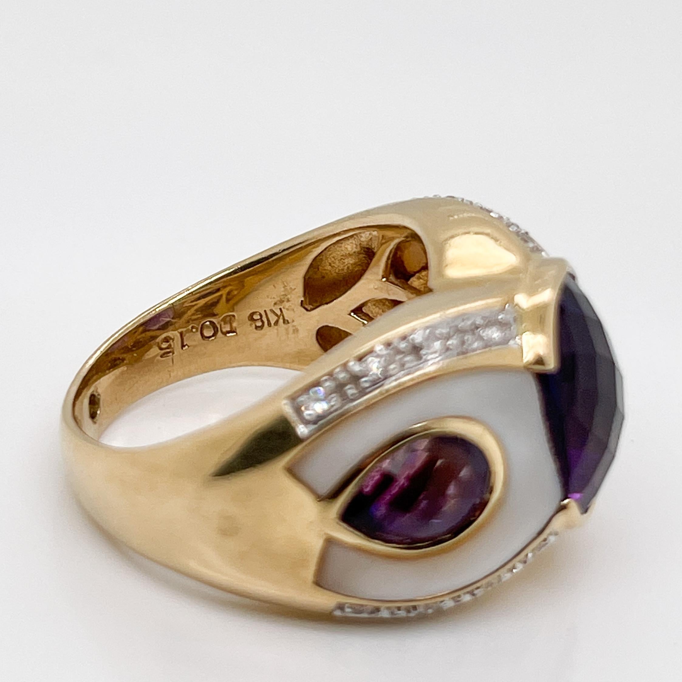 Owl/Parrot Bird Cocktail Ring in 18k Gold, Mother of Pearl, Diamond & Amethyst For Sale 4