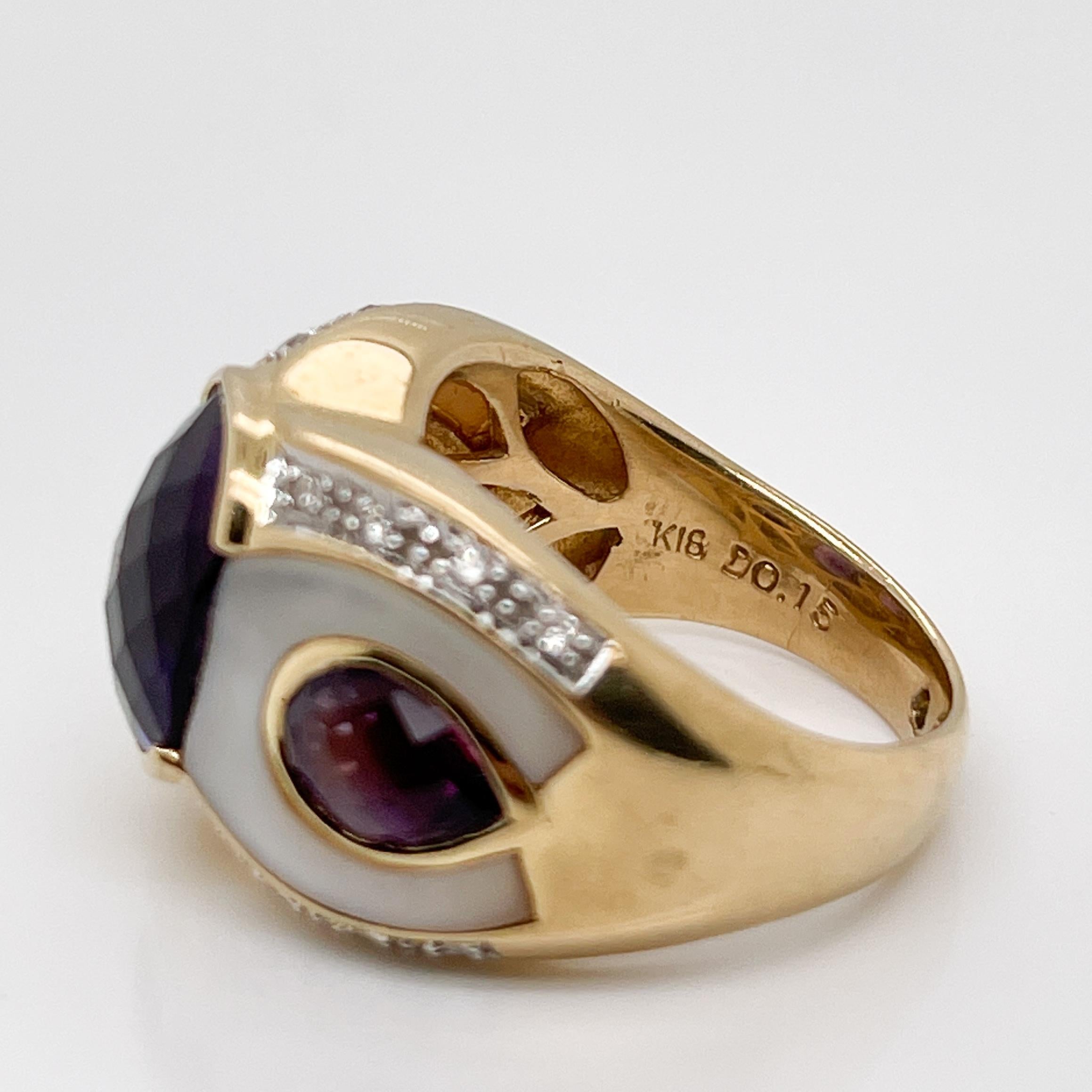 Owl/Parrot Bird Cocktail Ring in 18k Gold, Mother of Pearl, Diamond & Amethyst For Sale 5