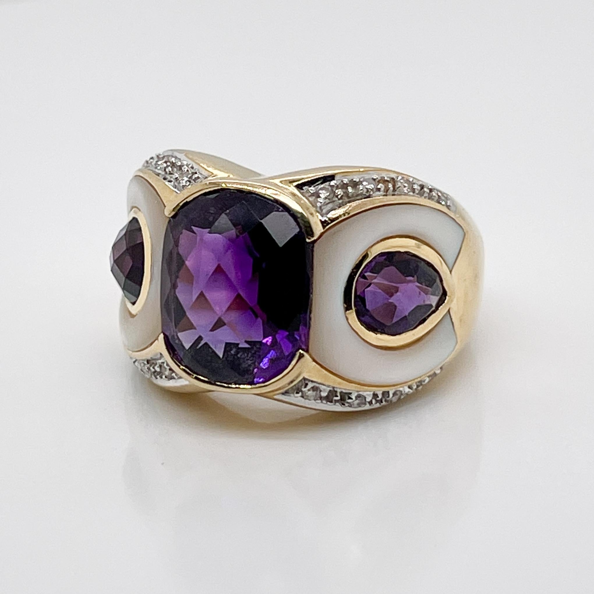 Retro Owl/Parrot Bird Cocktail Ring in 18k Gold, Mother of Pearl, Diamond & Amethyst For Sale