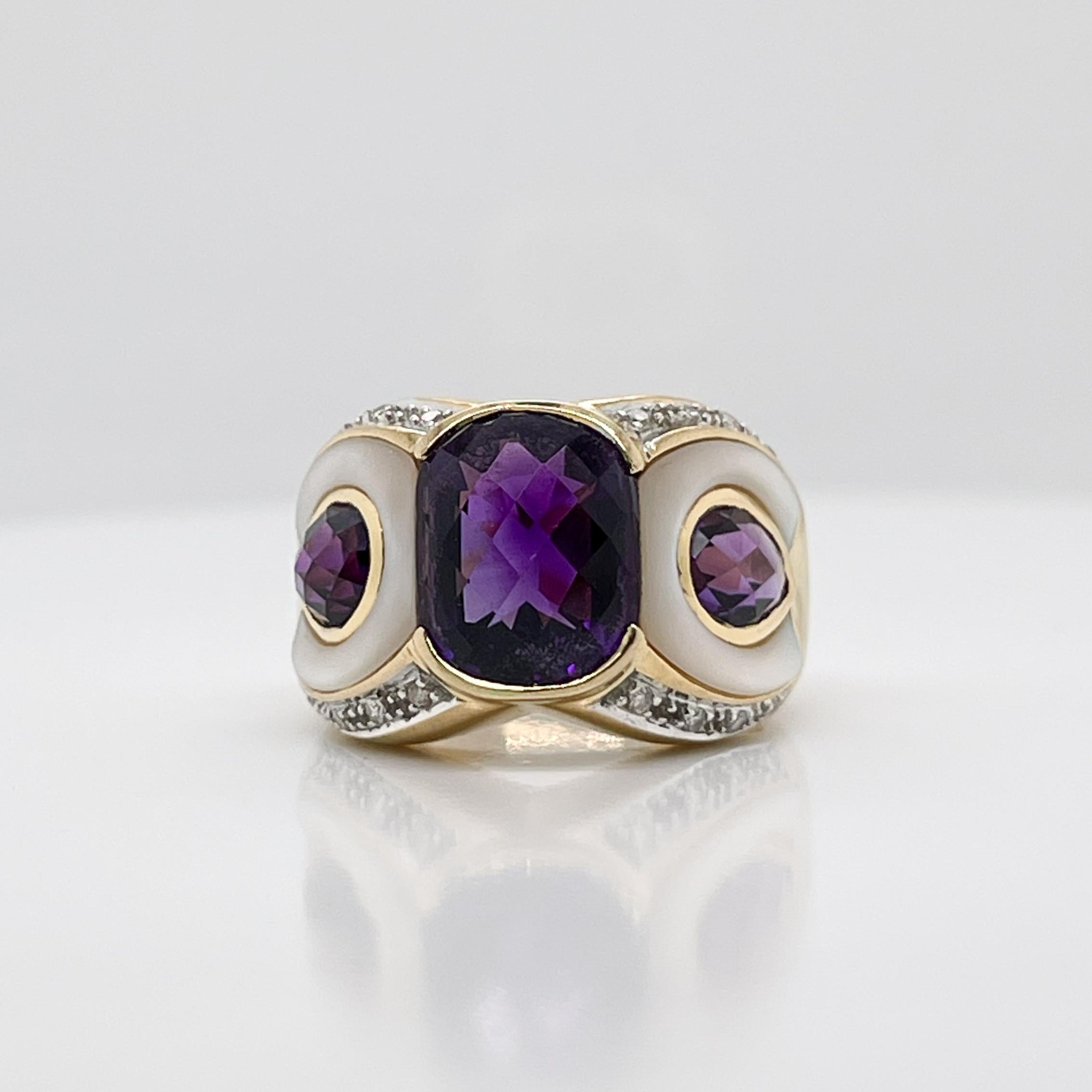 Round Cut Owl/Parrot Bird Cocktail Ring in 18k Gold, Mother of Pearl, Diamond & Amethyst For Sale