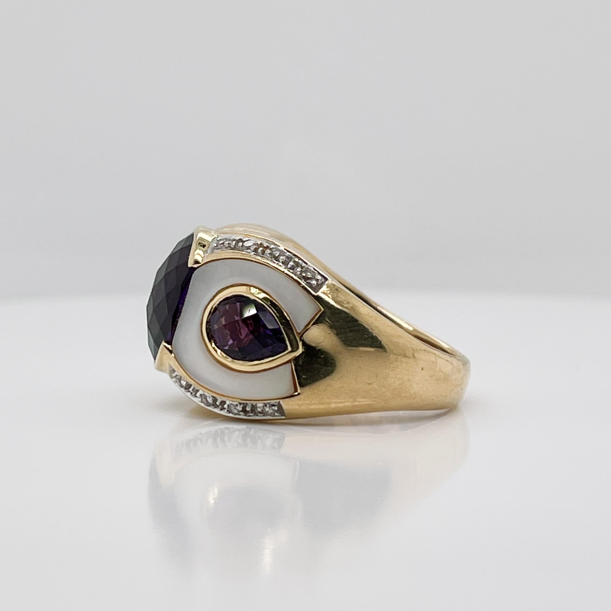 Women's Owl/Parrot Bird Cocktail Ring in 18k Gold, Mother of Pearl, Diamond & Amethyst For Sale