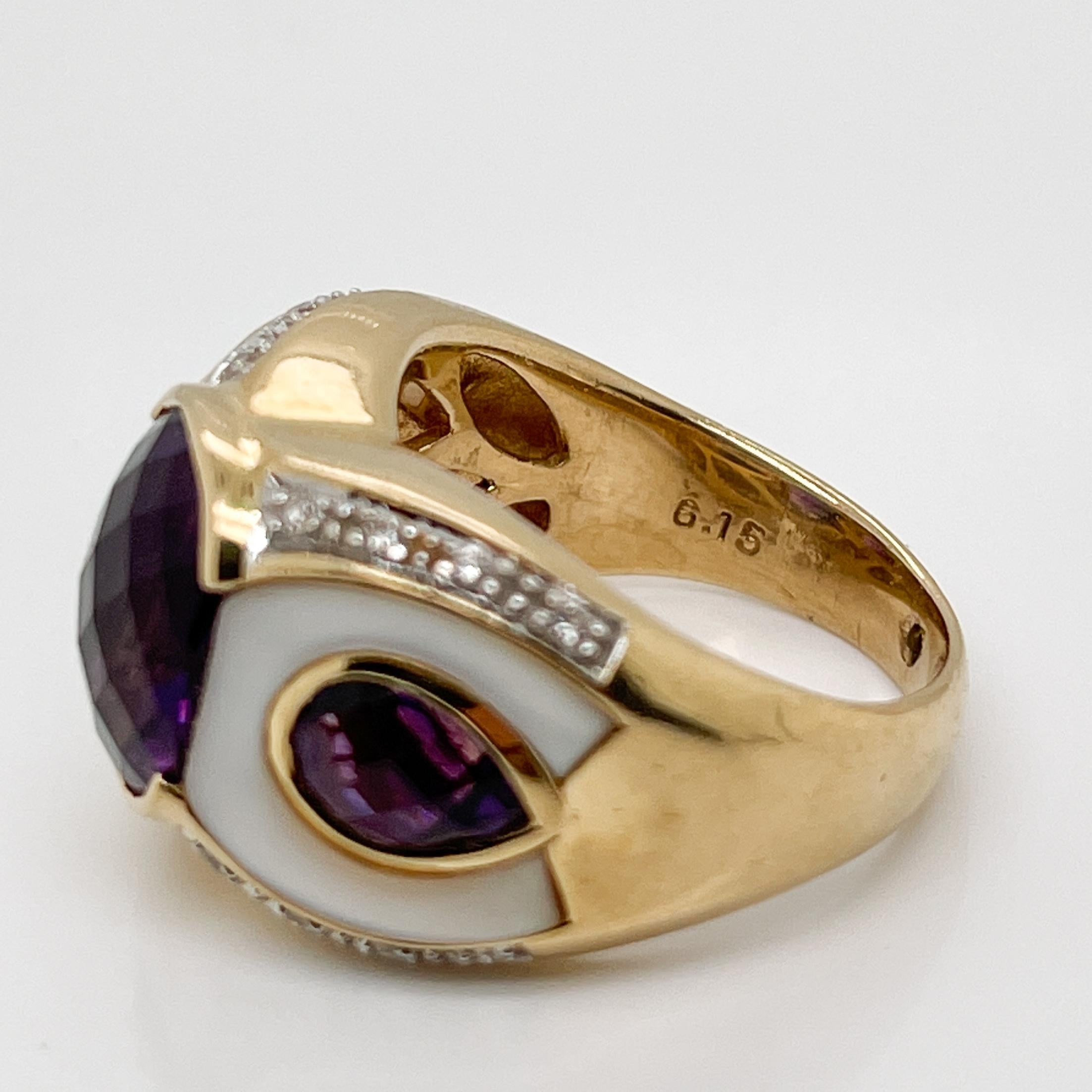 Owl/Parrot Bird Cocktail Ring in 18k Gold, Mother of Pearl, Diamond & Amethyst For Sale 1