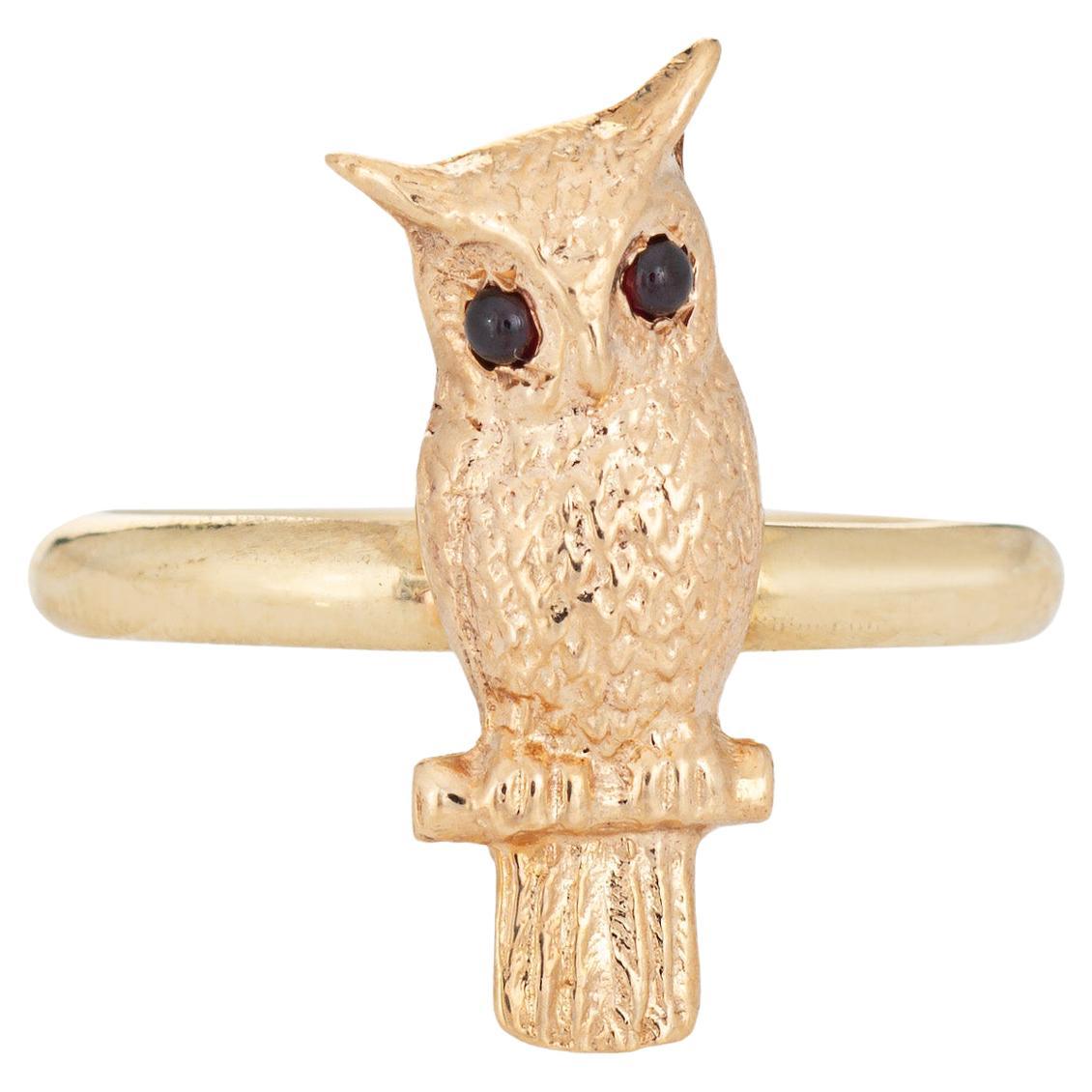 Owl Ring Vintage 14k Yellow Gold Garnet Eyes Estate Fine Jewelry Sz 6.5