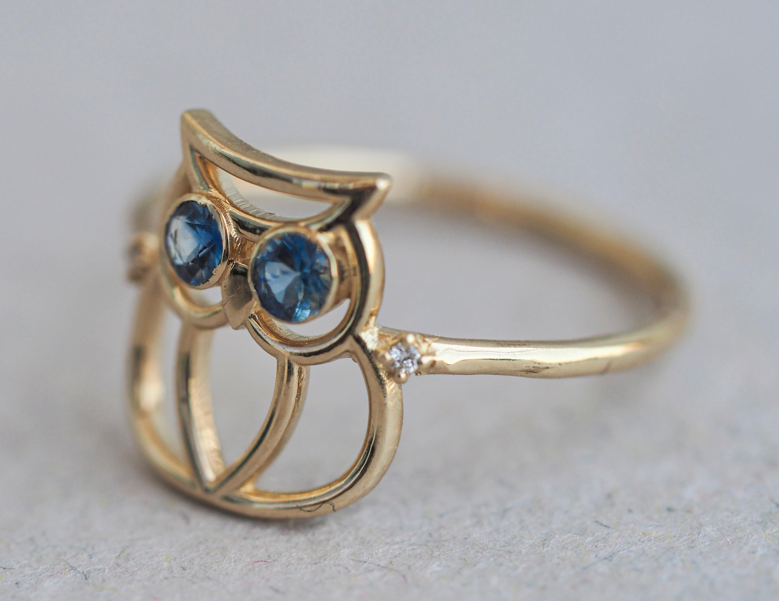 Owl Ring with tanzanites 14k gold.  In New Condition For Sale In Istanbul, TR