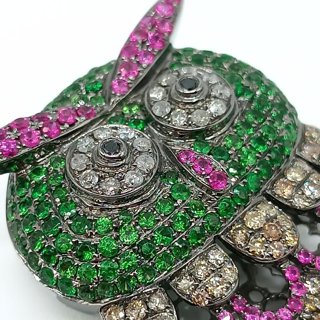 Women's or Men's Owl Brooch in White Gold with Diamonds, Tsavorites and Rubies For Sale