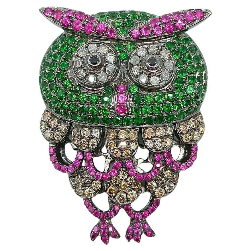 Owl Brooch in White Gold with Diamonds, Tsavorites and Rubies For Sale