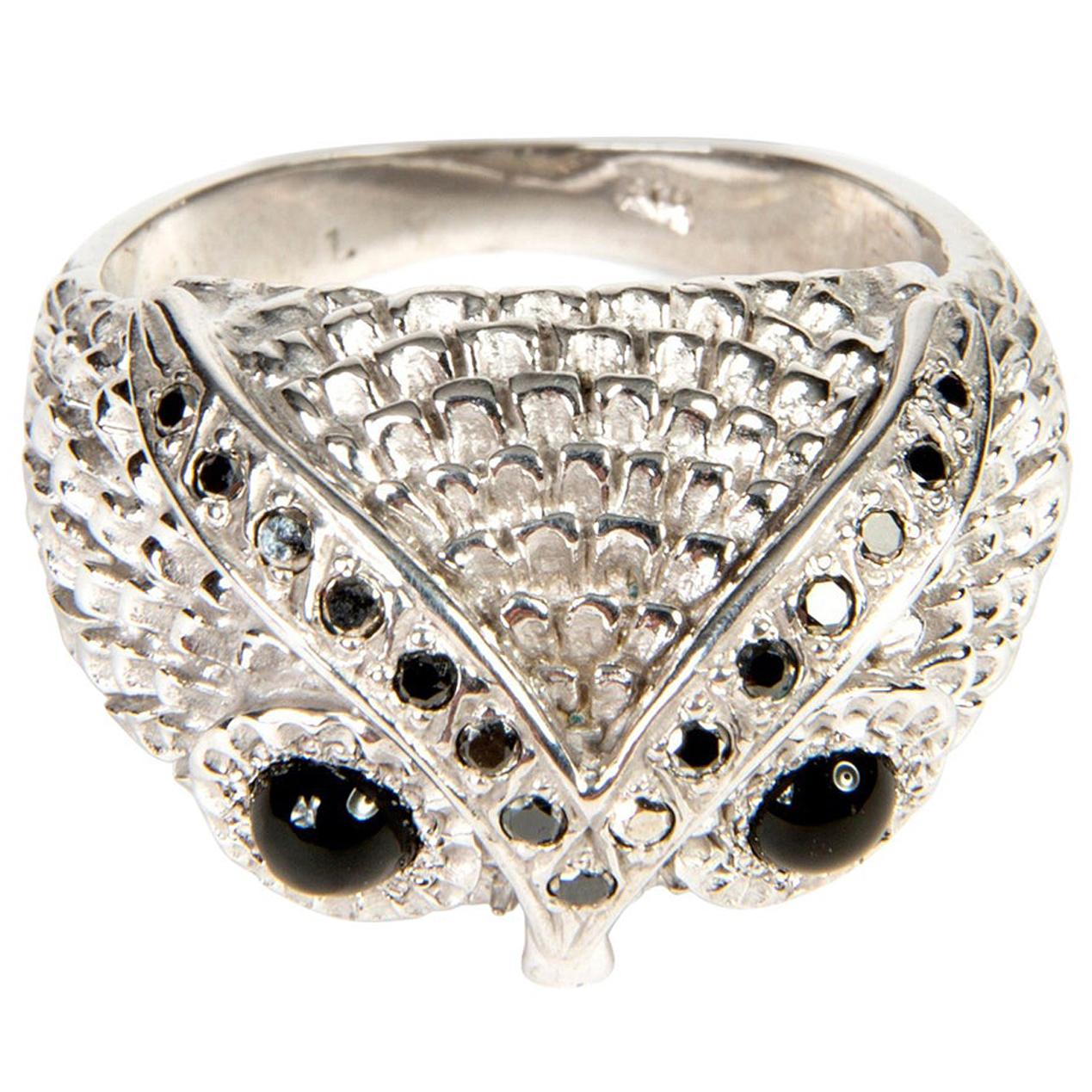 Owl Silver 925 Black Diamond 0.20 Carat Band Ring For Sale