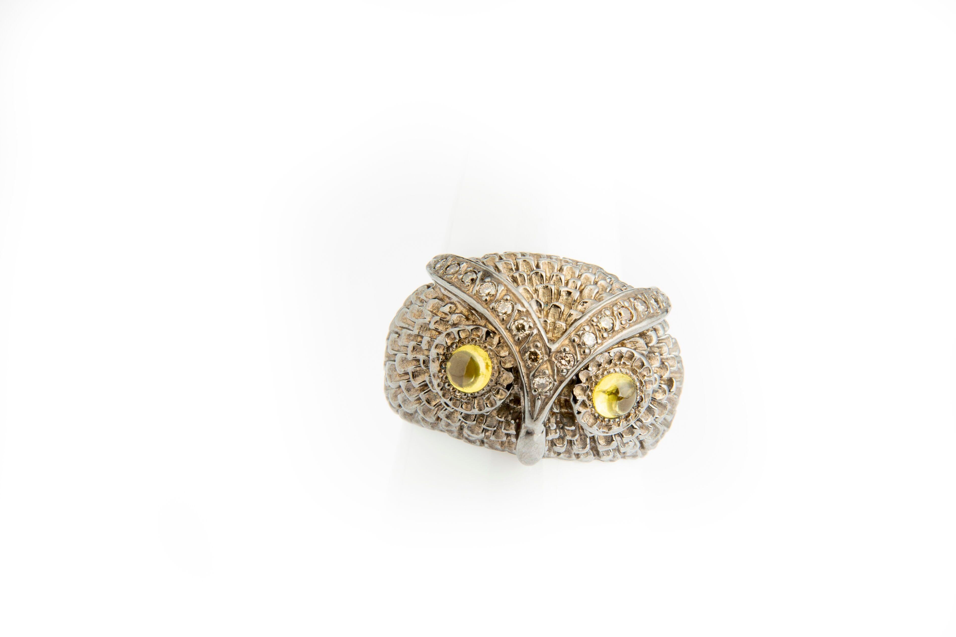 Owl Silver Diamond and Citrin Cabochon Band Ring For Sale 5