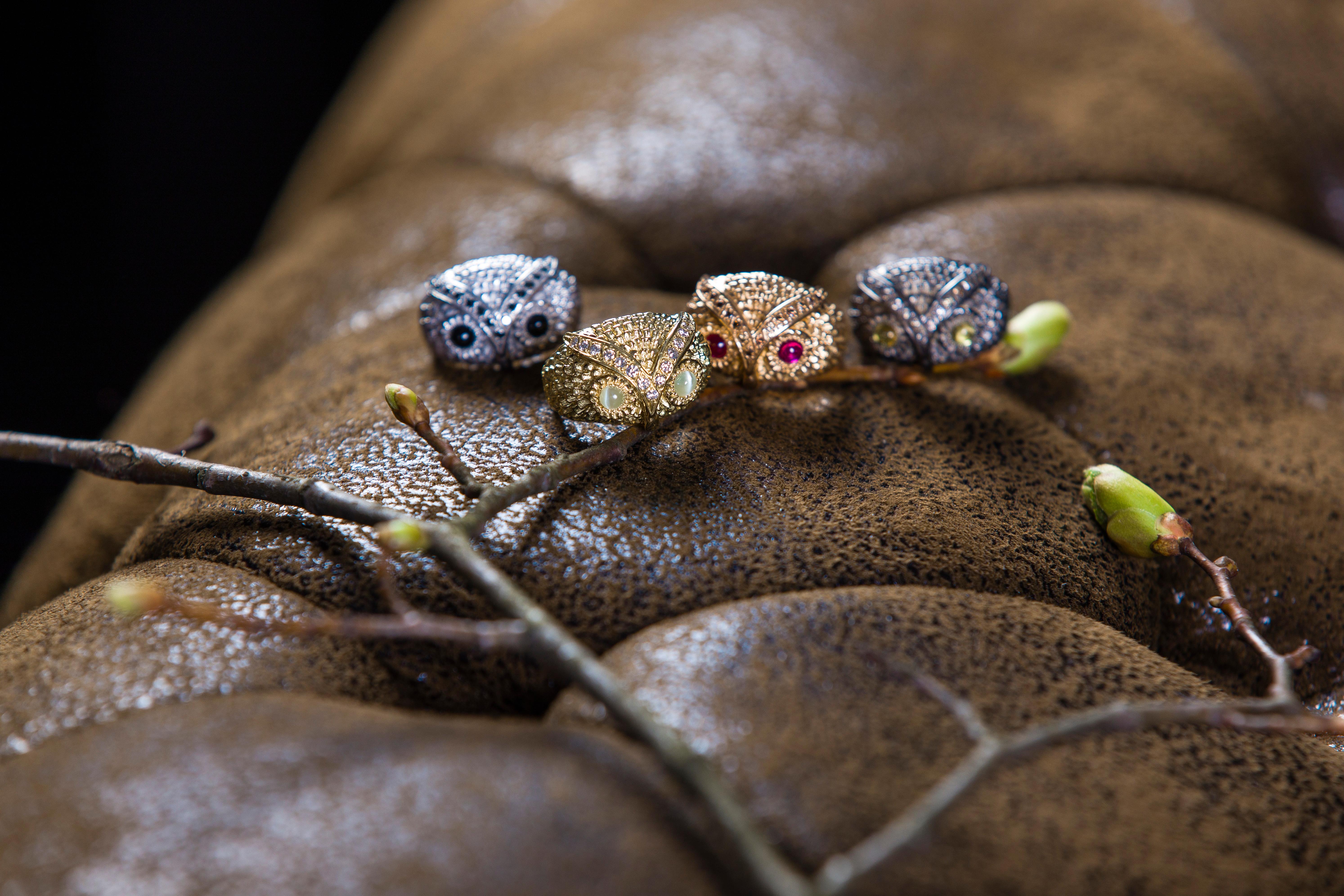 Owl Silver Diamond and Citrin Cabochon Band Ring For Sale 7