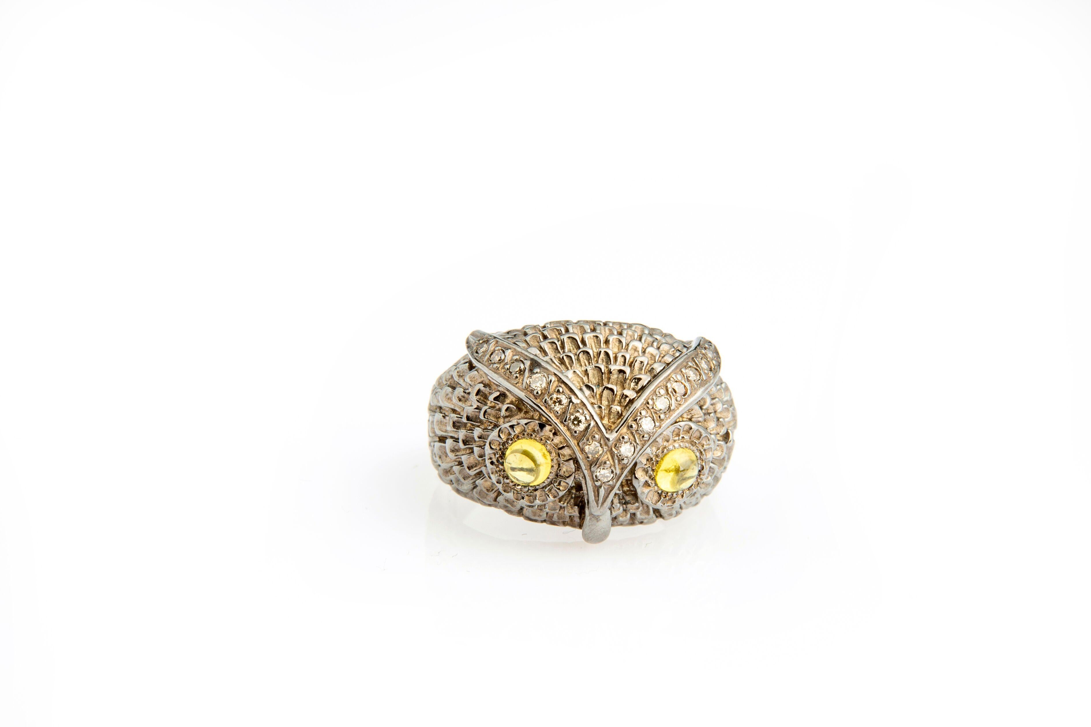 Owl Silver Diamond and Citrin Cabochon Band Ring For Sale 2