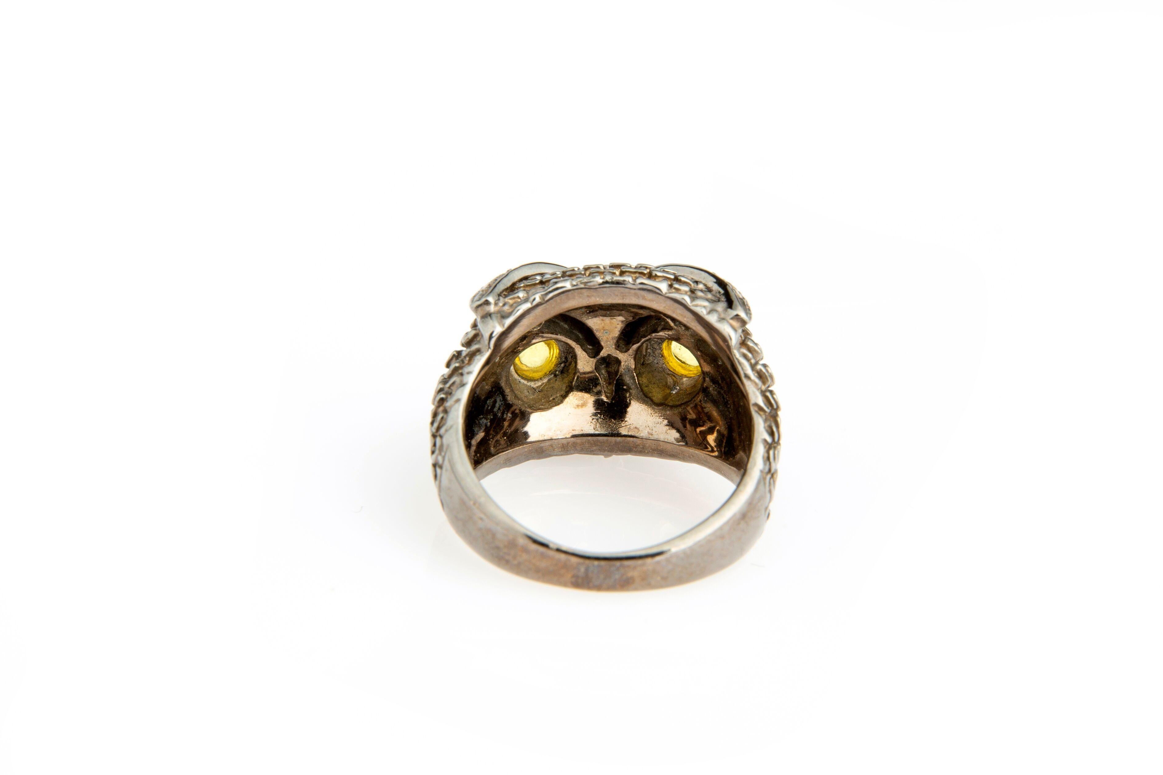 Owl Silver Diamond and Citrin Cabochon Band Ring For Sale 3