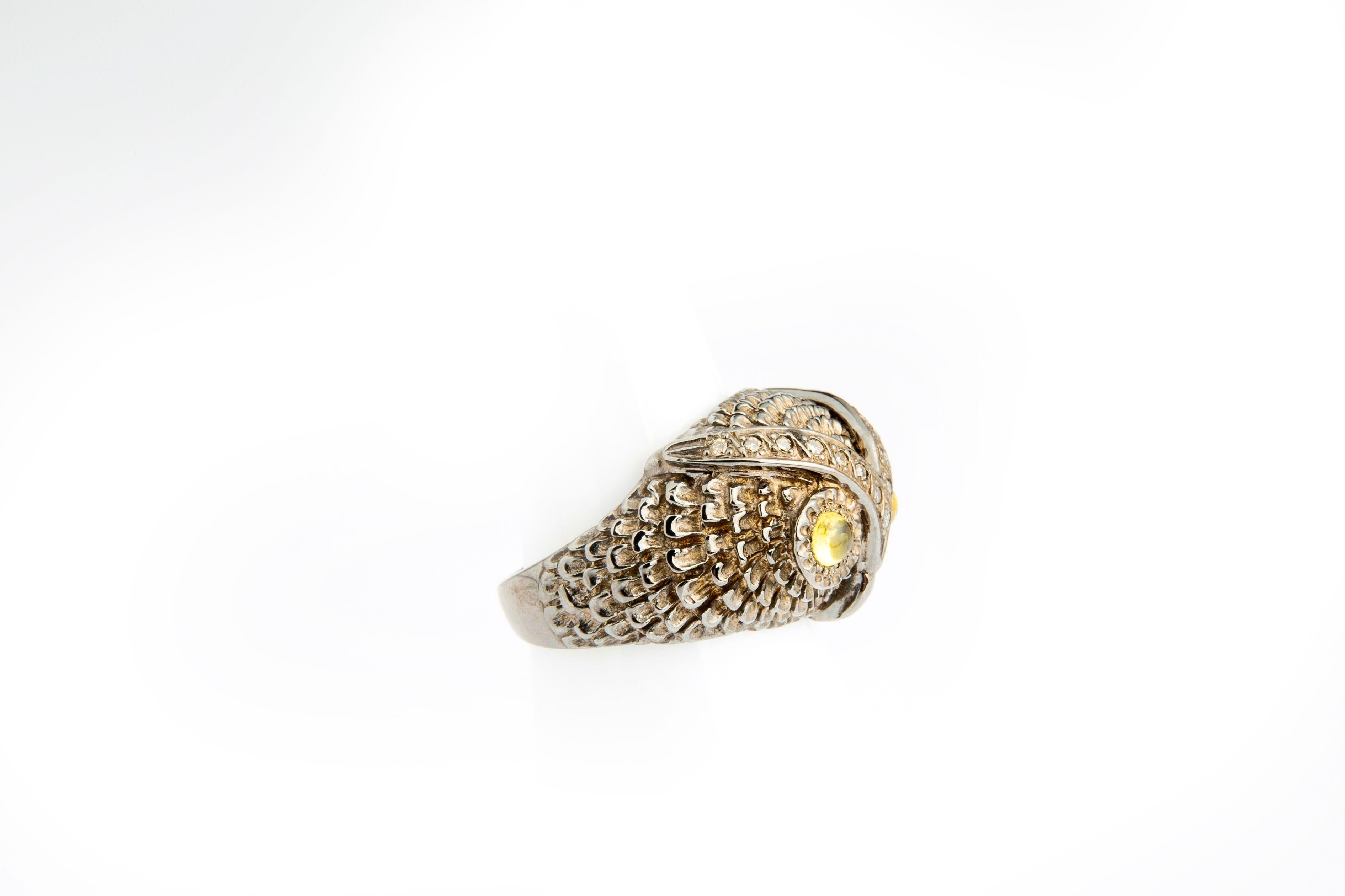 Owl Silver Diamond and Citrin Cabochon Band Ring For Sale 4