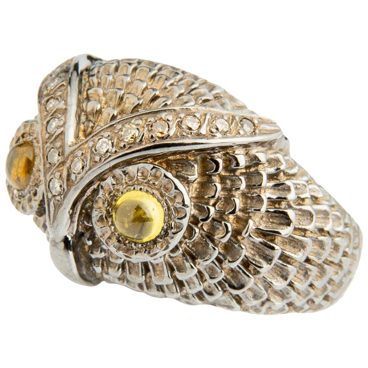Owl Silver Diamond and Citrin Cabochon Band Ring For Sale
