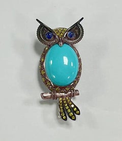 OWL - Sleeping Beauty Turquoise Brooch set in 18K with Diamonds