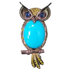 OWL - Sleeping Beauty Turquoise Brooch set in 18K with Diamonds