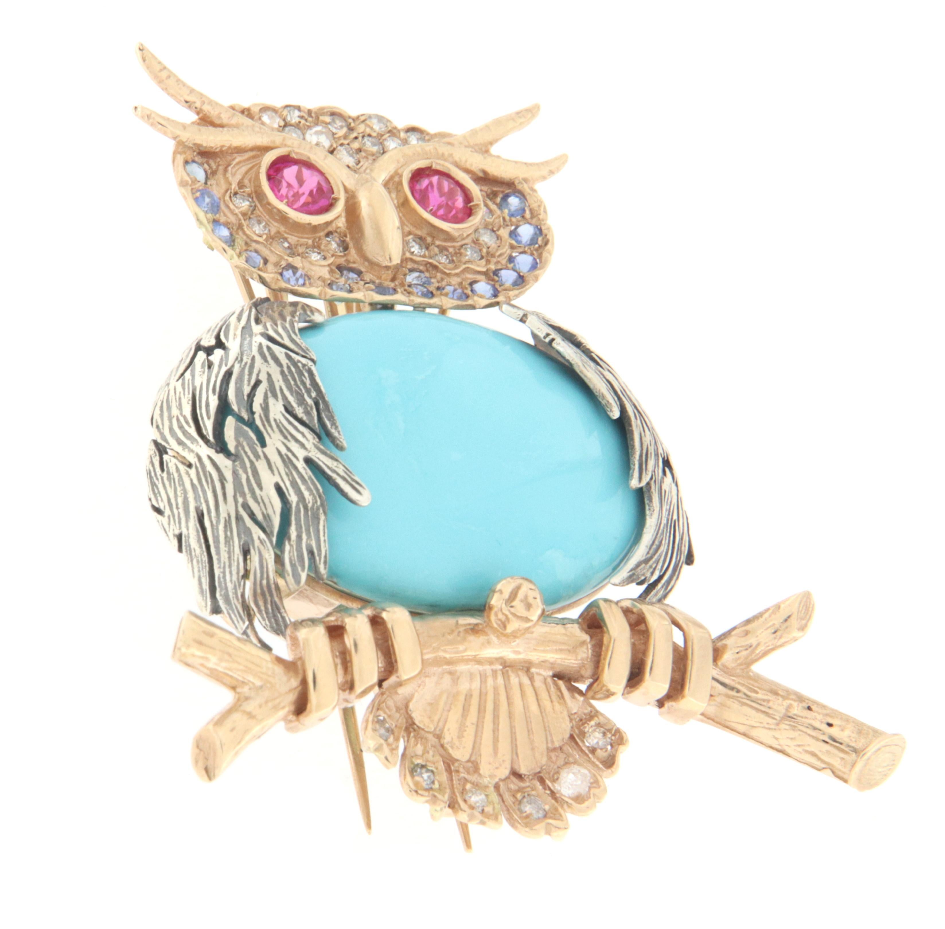 Owl Turquoise 14 Karat Yellow Gold Diamonds Tourmalines Sapphires Brooch For Sale 4