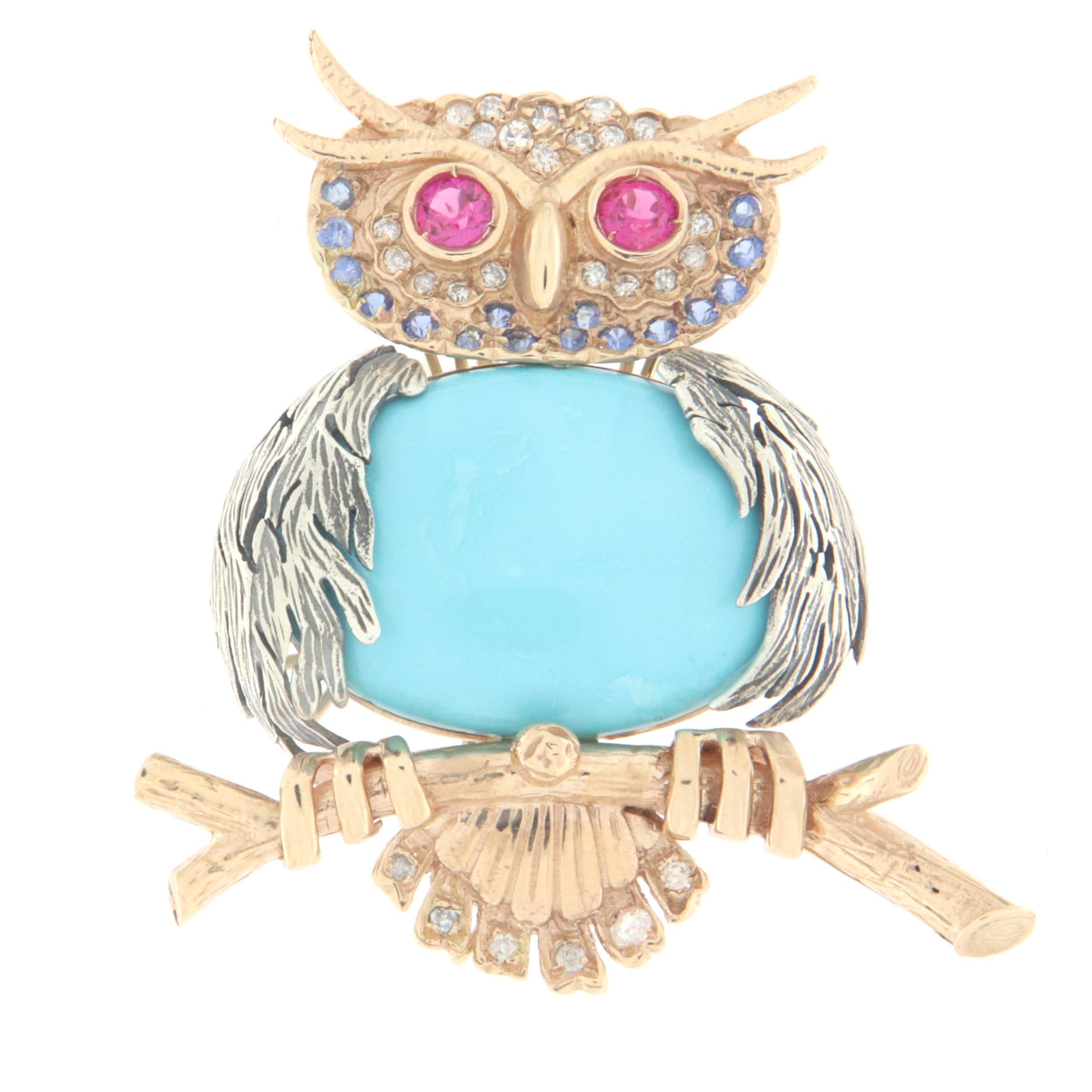 Owl 14 karat yellow gold and 800 thousandths silver brooch.Handmade by our artisans assembled with turquoise tourmalines,diamonds and sapphires

Brooch total weight 30 grams
Diamonds weight 0.45 karat
Tourmaline weight 0.80 karat
Turquoise weight