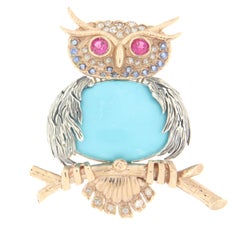 Owl Turquoise 14 Karat Yellow Gold Diamonds Tourmalines Sapphires Brooch