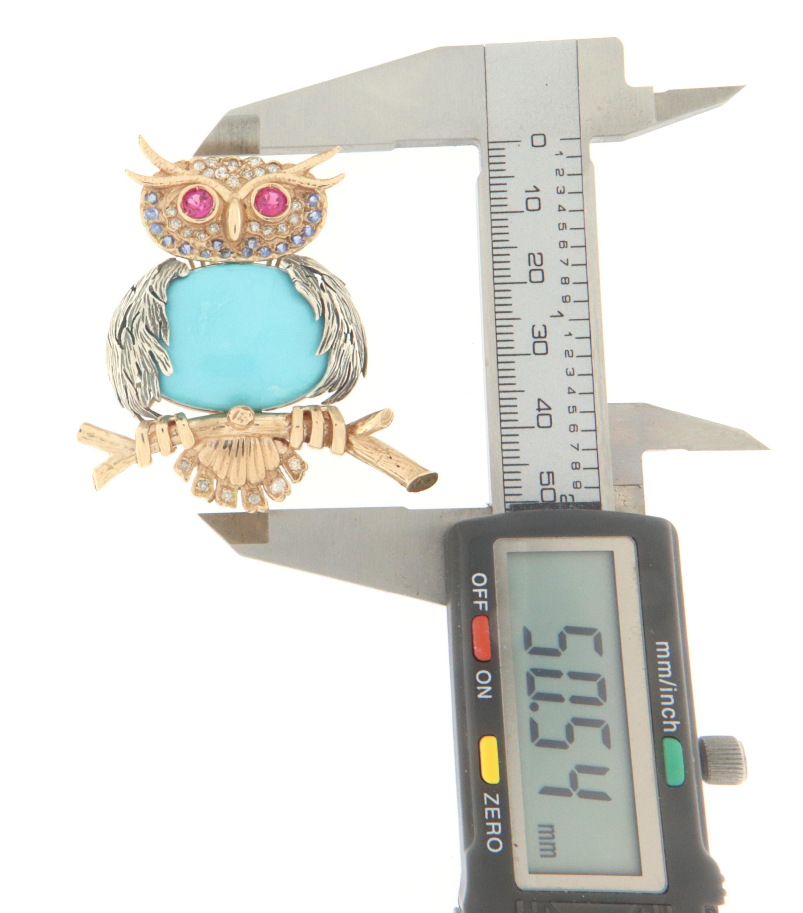 Owl Turquoise 14 Karat Yellow Gold Diamonds Tourmalines Sapphires Brooch For Sale 1