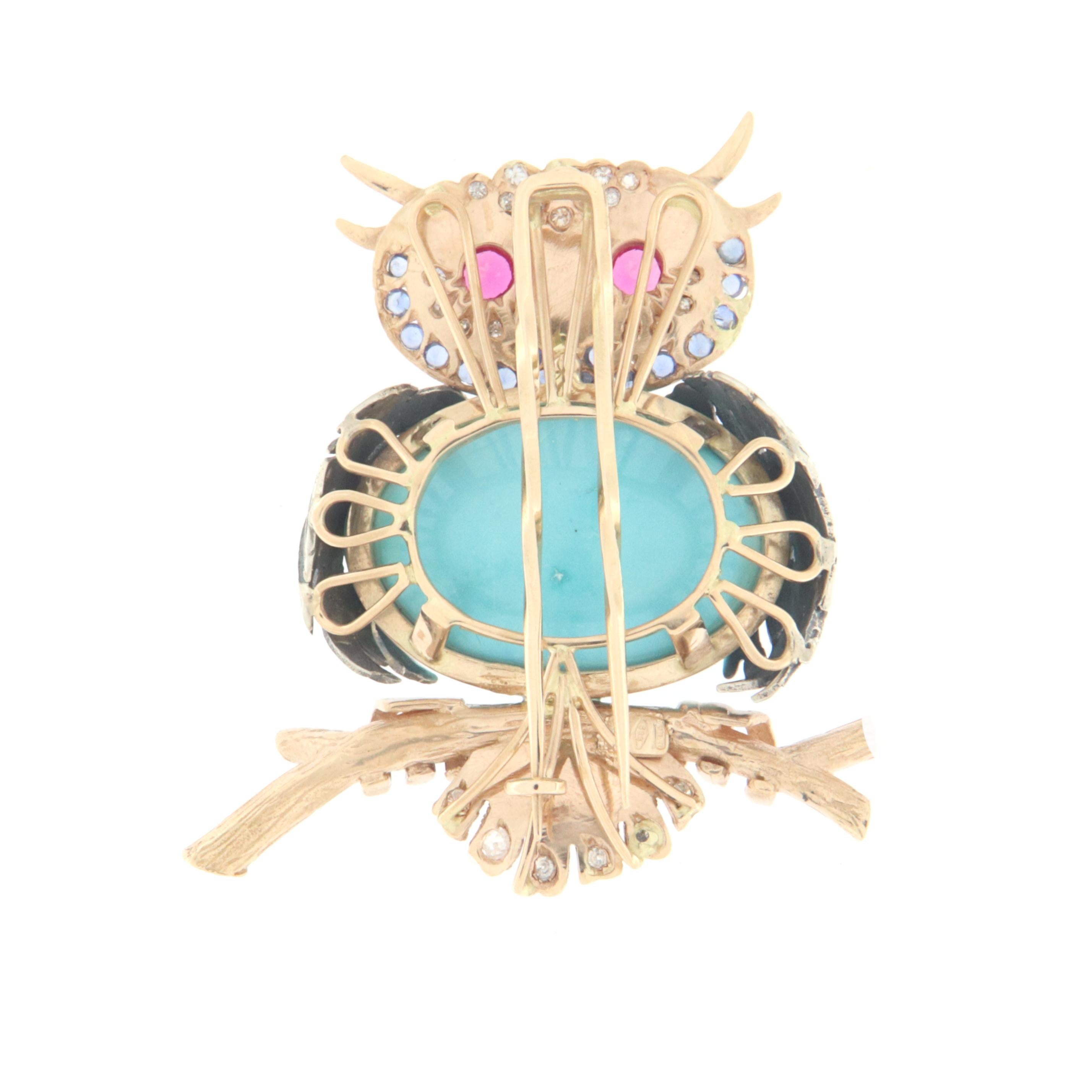 Owl Turquoise 14 Karat Yellow Gold Diamonds Tourmalines Sapphires Brooch For Sale 2