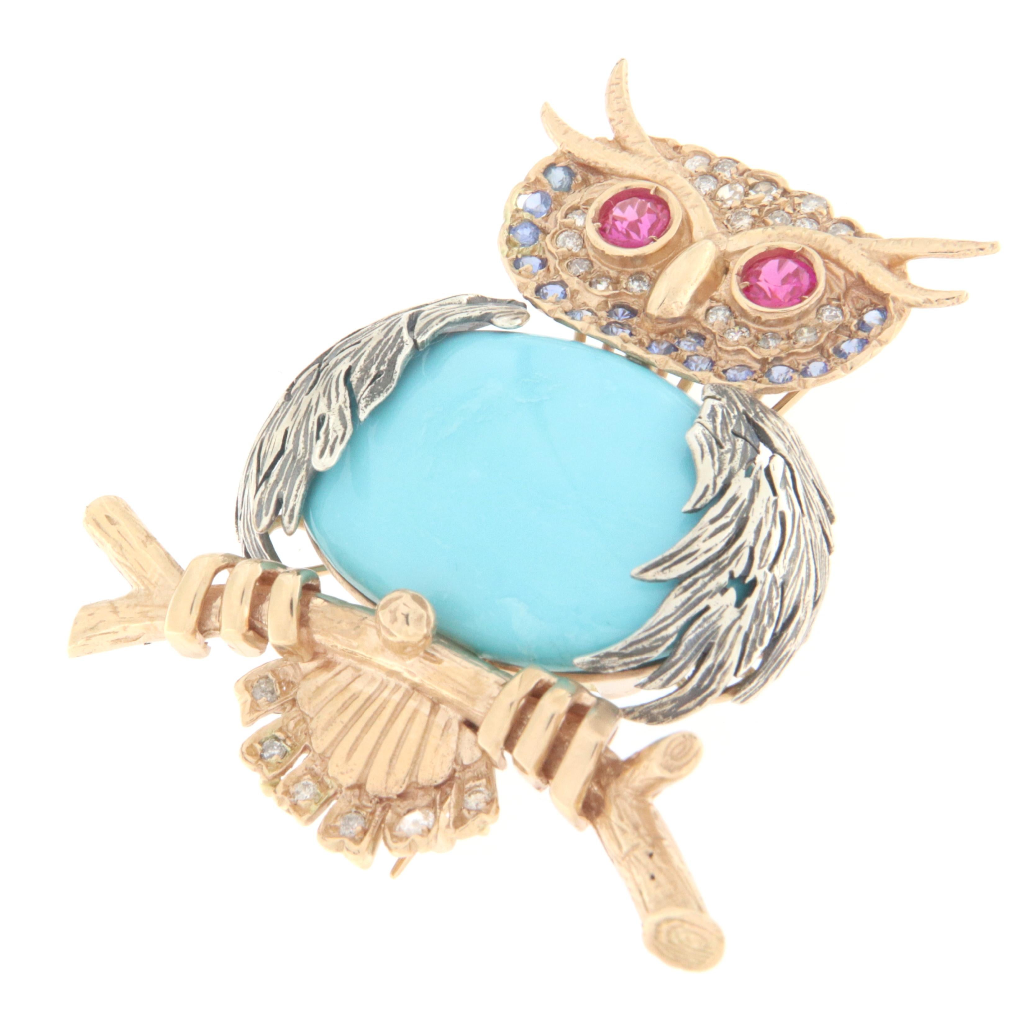 Owl Turquoise 14 Karat Yellow Gold Diamonds Tourmalines Sapphires Brooch For Sale 3
