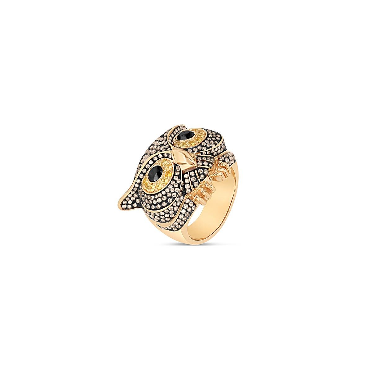 Artisan Owl White and Brown Diamonds Pavè Cocktail Fashion Bird Ring For Sale