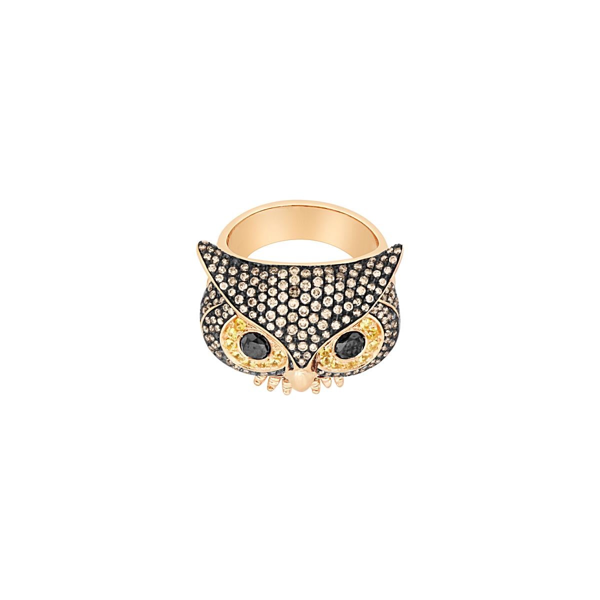 Round Cut Owl White and Brown Diamonds Pavè Cocktail Fashion Bird Ring For Sale