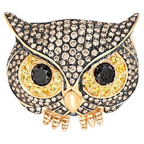 Owl White and Brown Diamonds Pavè Cocktail Fashion Bird Ring