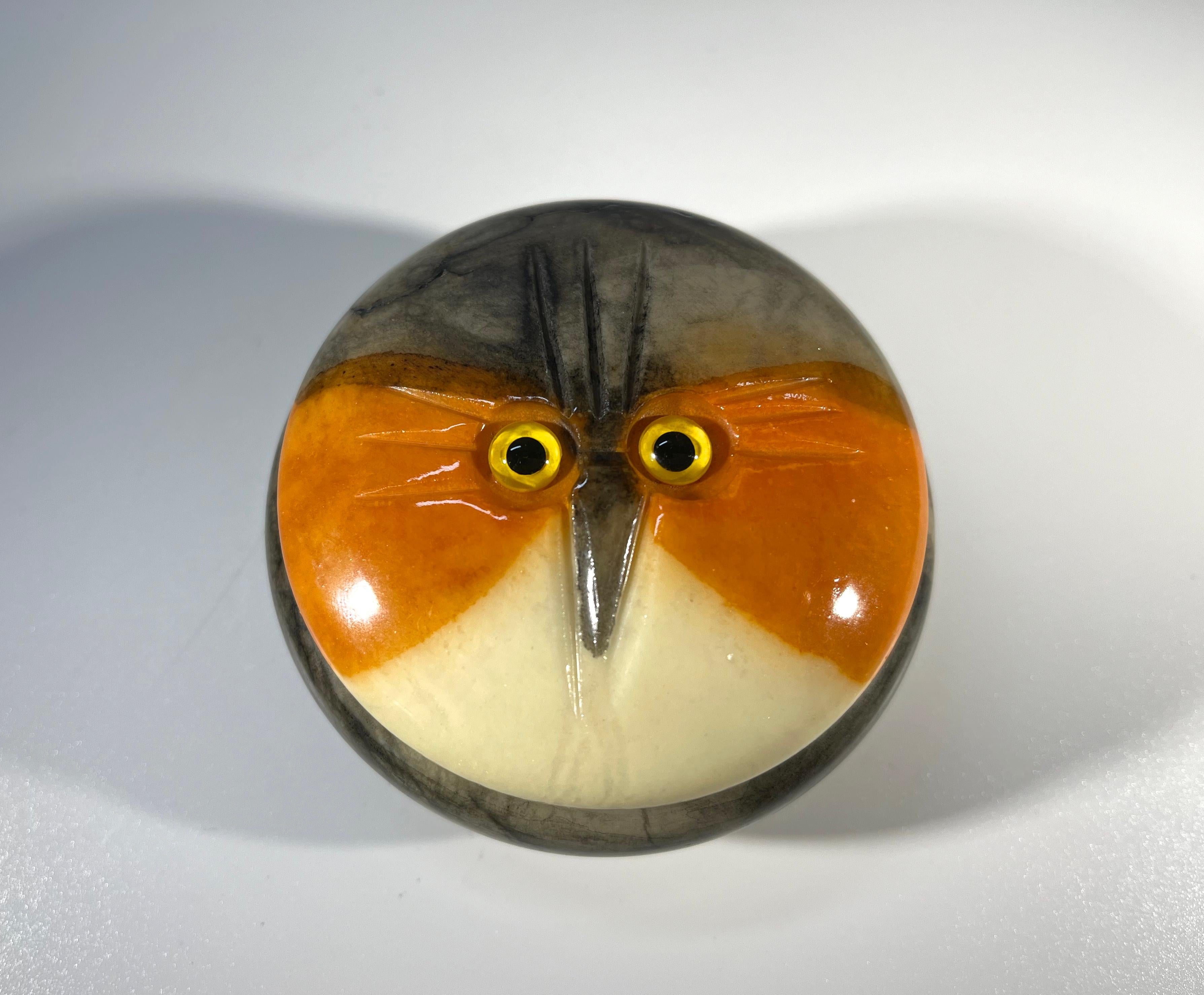 Striking Italian alabaster hand crafted trinket pot of an owl with a fixed gaze
Circa 1970's
Original Italian label to base
Height 1.75 inch, Diameter 3.25 inch
In excellent condition
Wear consistent with age and use