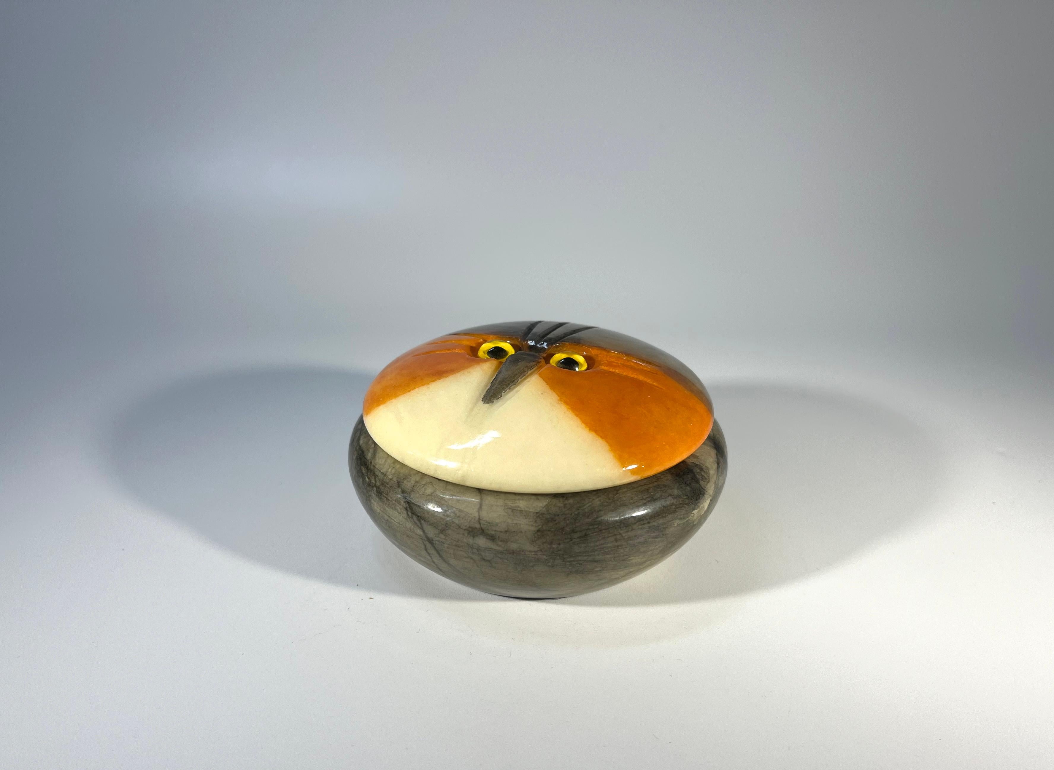 Mid-Century Modern Owl With Fixed Gaze, Hand Carved Alabaster Lidded Trinket Pot, Italy 1970s For Sale