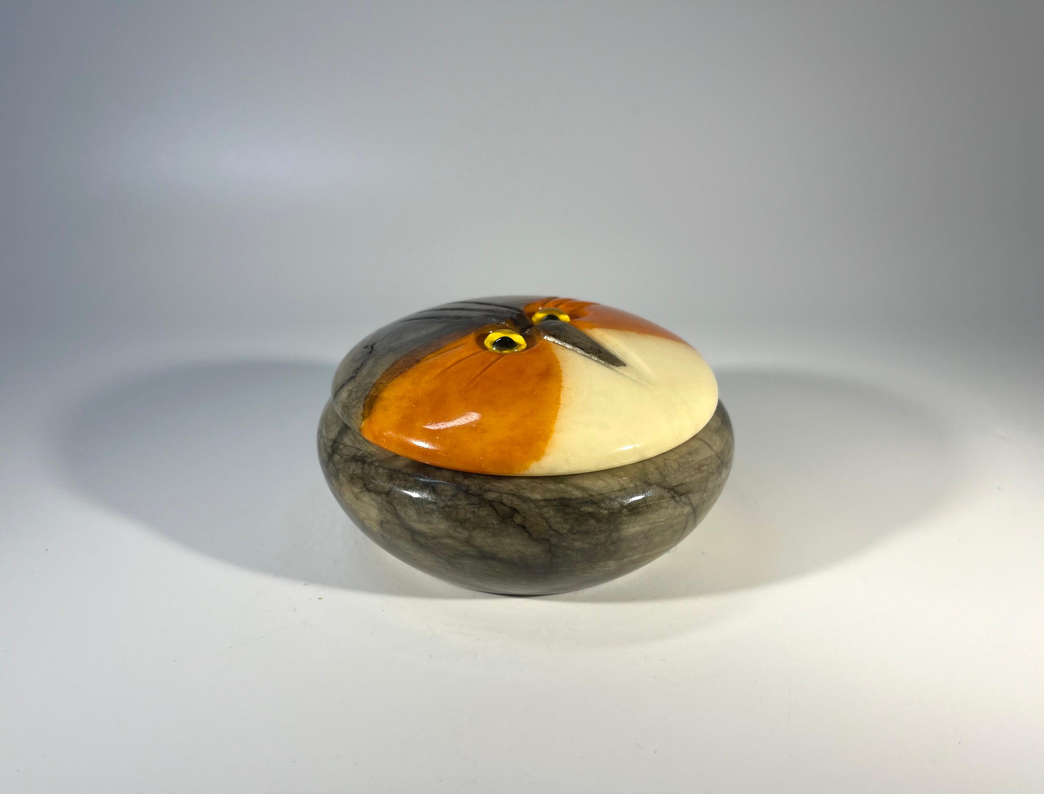 Italian Owl With Fixed Gaze, Hand Carved Alabaster Lidded Trinket Pot, Italy 1970s