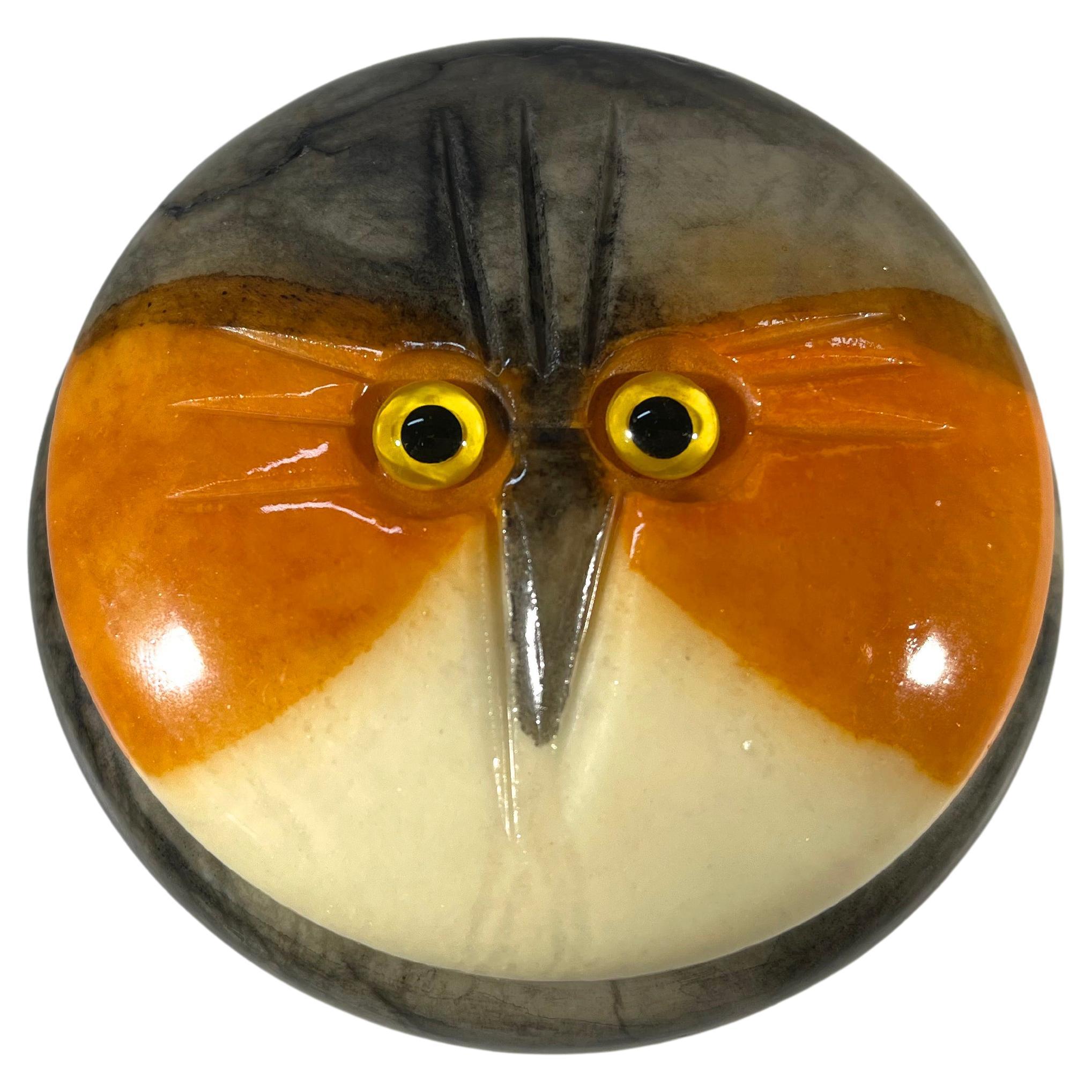Owl With Fixed Gaze, Hand Carved Alabaster Lidded Trinket Pot, Italy 1970s For Sale