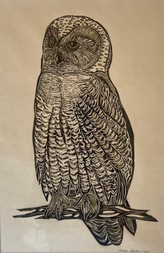 Owl Woodblock Letterpress Print Signed by Susan Acker, C. 1975