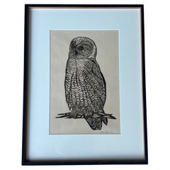 Impression presse-papiers hibou signée par Susan Acker, C. 1975