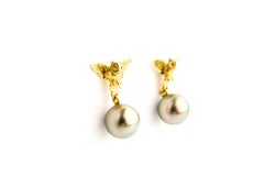 Owl Yellow Gold with Grey Tahiti Pearls Stud Earrings
