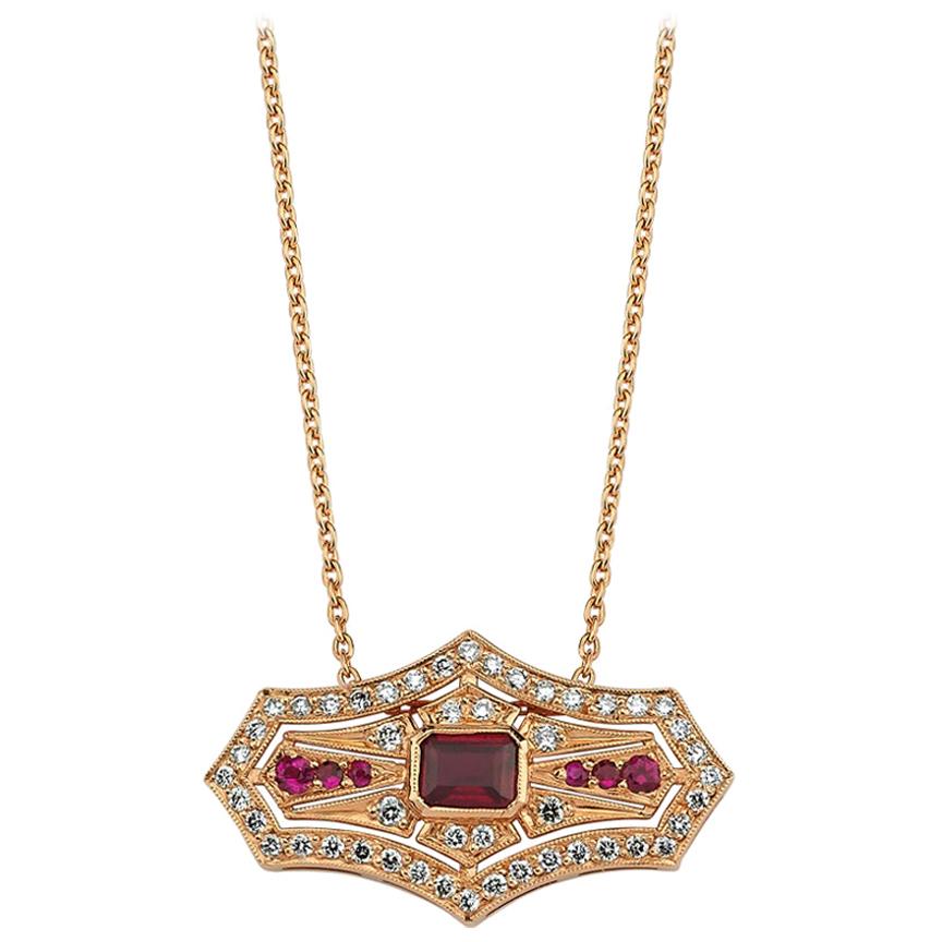 OWN Your Story 14 Karat Gold Ruby and Diamond French Shield Diagonal Pendant For Sale