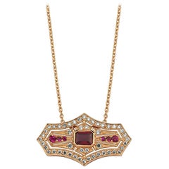 Pendentif en or 14 carats, rubis et diamants avec bouclier français en forme de bouclier, pièce maîtresse de votre histoire