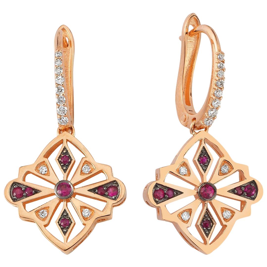 OWN Your Story 14 Karat Rose Gold Abstract Ruby and Diamond Pave Hoop Earrings For Sale