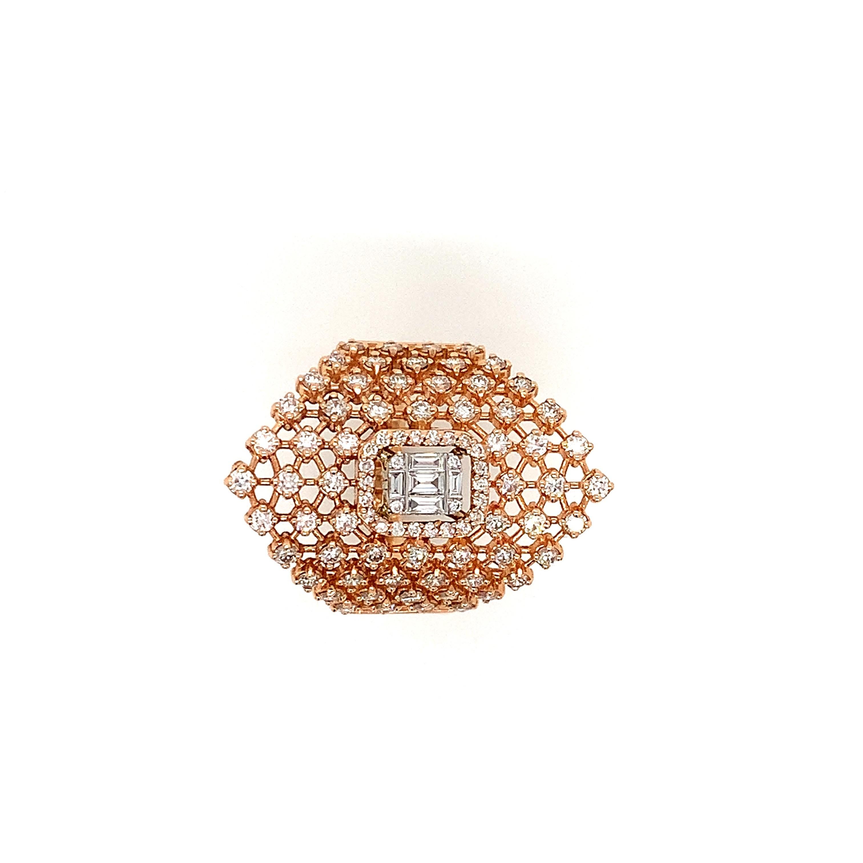 Stunning handmade OWN Your Story 14K Rose Gold Baguette & Brilliant Diamond Lattice Shield Ring. Perfect for an evening out or a just gotta have it right hand ring!  

OWN Your Story brings its 3 generations of family tradition and unparalleled