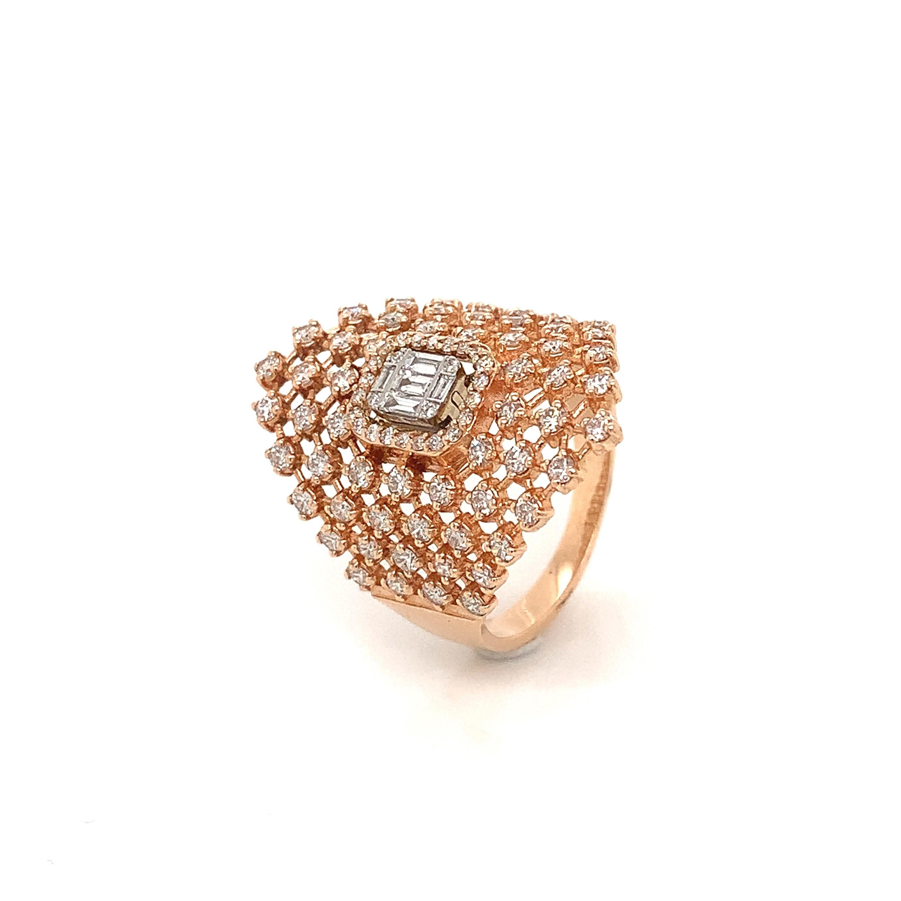 OWN Your Story 14K Rose Gold Baguette and Brilliant Diamond Lattice Shield Ring In New Condition For Sale In New Orleans, LA