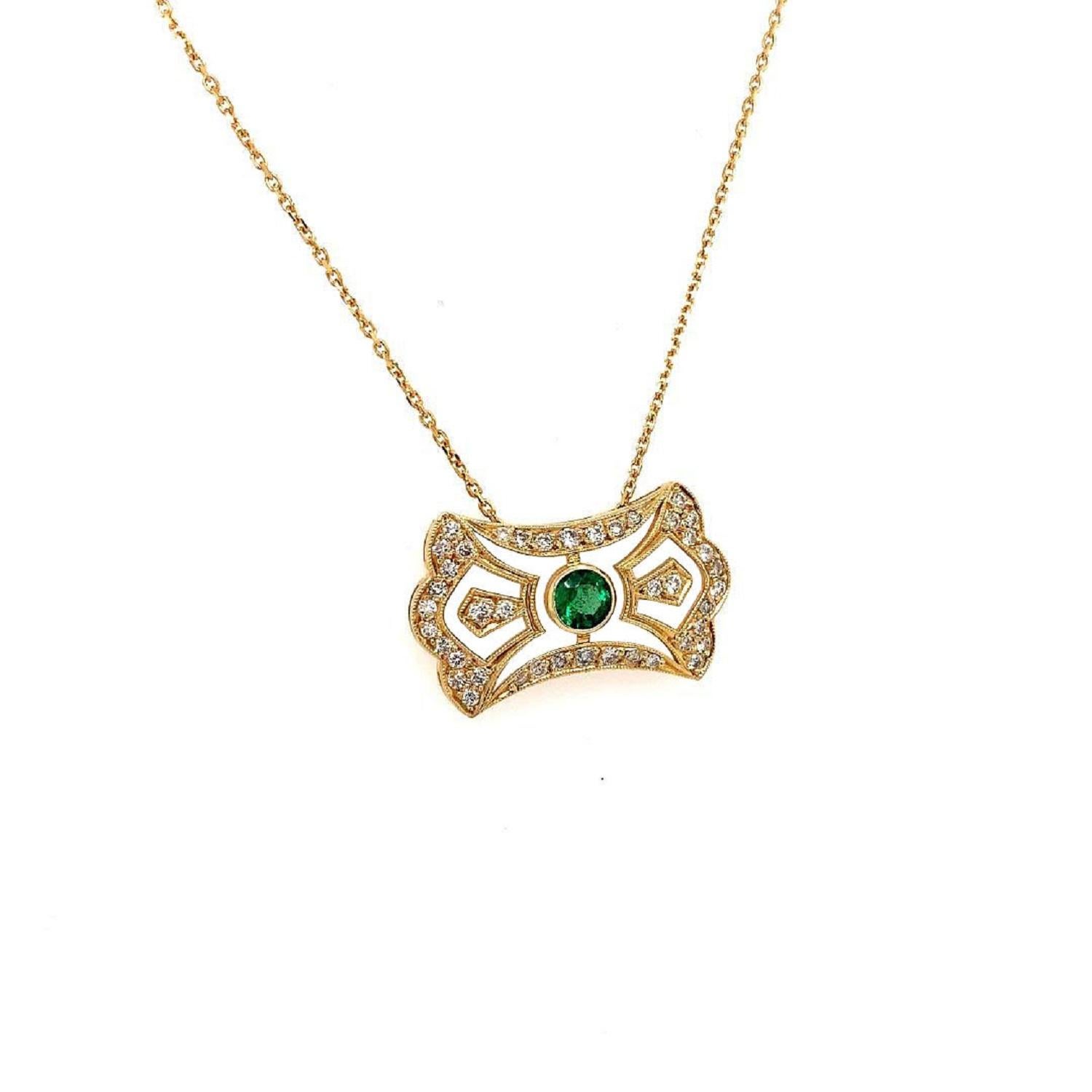 Round Cut OWN Your Story 14K Rose Gold Emerald & Diamond Horizontal French Shield Necklace For Sale
