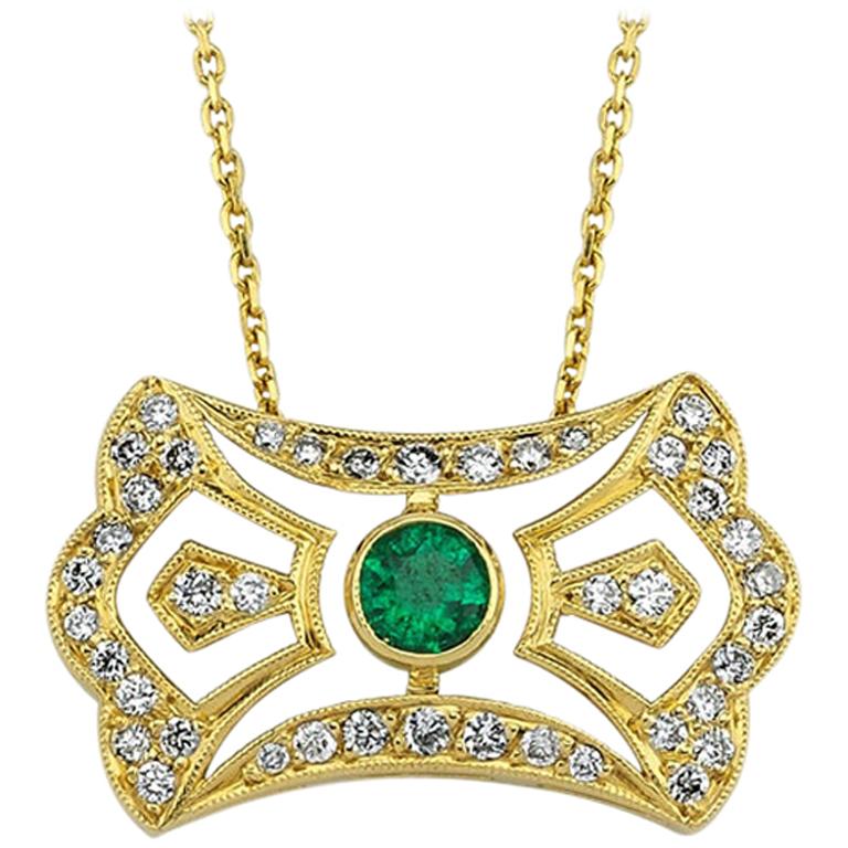 OWN Your Story 14K Rose Gold Emerald & Diamond Horizontal French Shield Necklace For Sale