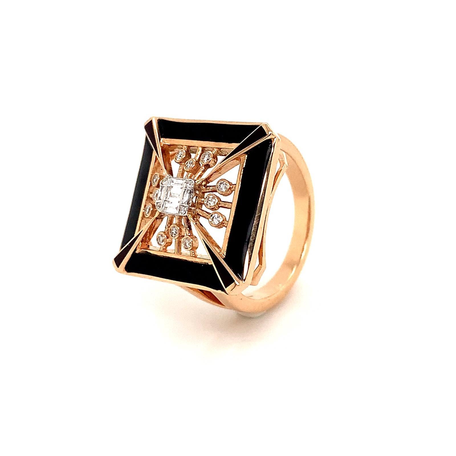 OWN Your Story 14K Rose Gold Illusion Baguette Diamond and Enamel Cubist Ring In New Condition For Sale In New Orleans, LA