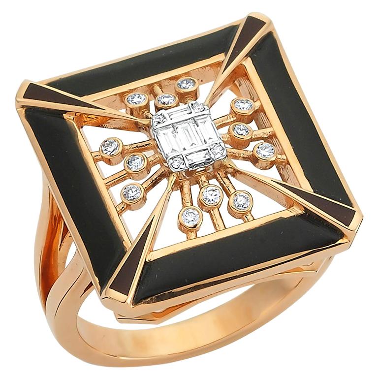 OWN Your Story 14K Rose Gold Illusion Baguette Diamond and Enamel Cubist Ring For Sale